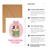 Christmas card with a guinea pig illustration and brown envelope, featuring text about card quality and features.